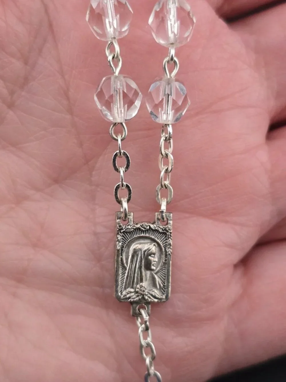 Vintage Silver Tone Crucifix & Faceted Crystal Rosary Virgin Mary 59 Beads - Picture 4 of 5